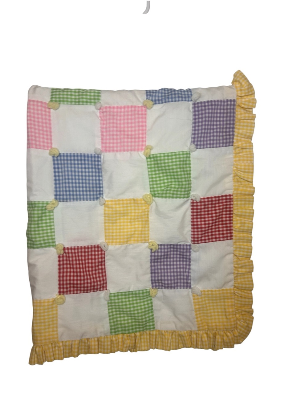 Handmade vintage Baby Quilt Gingham Patchwork Ruffle 42x33 Cottage Nursery